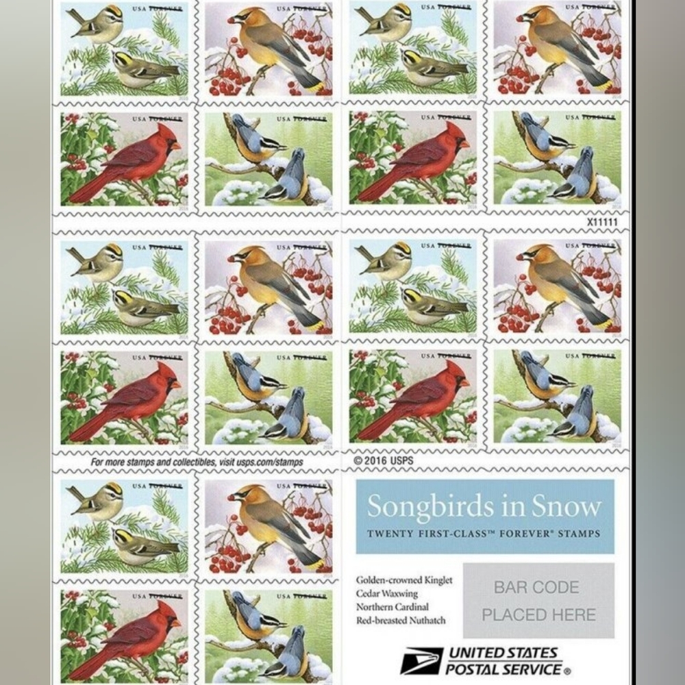 100 Songbirds in Snow Forever Postage Stamps US Postal USPS Wedding Invitations‎